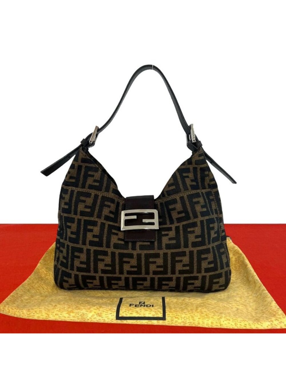 Fendi Zucca FF Pattern Canvas Leather Shoulder Bag Tote Brown